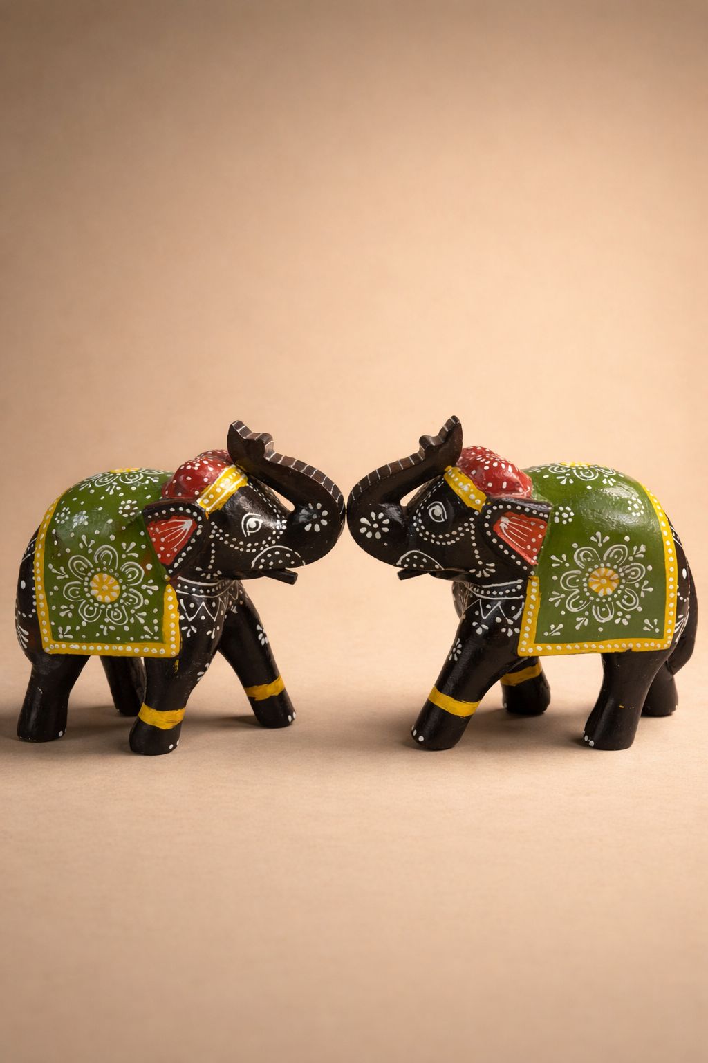 Handpainted Wooden Elephant Showpiece – Set of 2