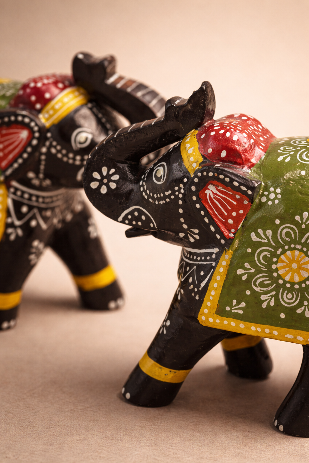 Handpainted Wooden Elephant Showpiece – Set of 2