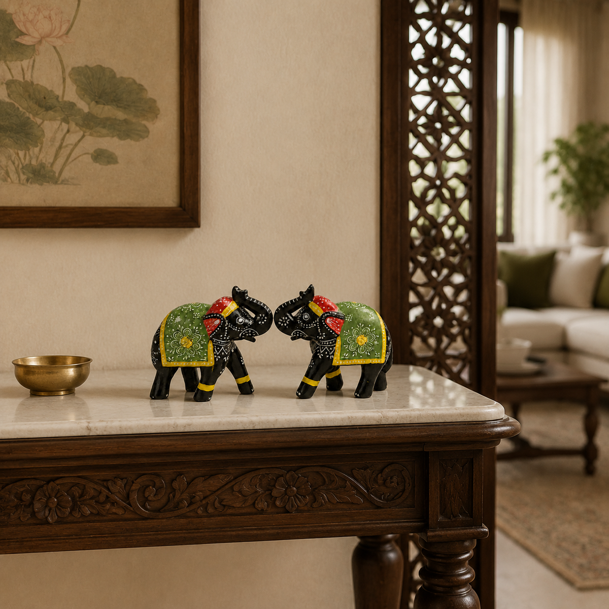 Handpainted Wooden Elephant Showpiece – Set of 2